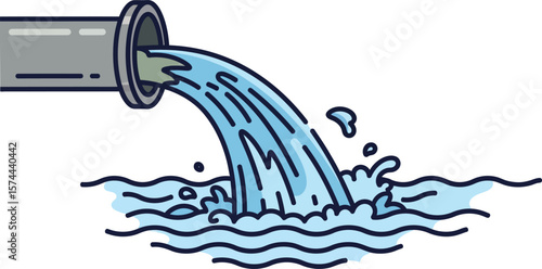 Water is flowing from a pipe into a body of water in a cartoon illustration isolated on white background
