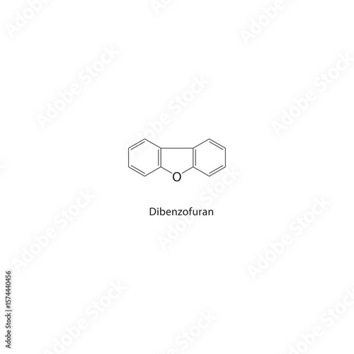 Dibenzofuran skeletal structure. Polycyclic ether compound schematic illustration. Simple diagram, chemical formula.