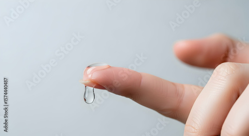 Clear liquid droplet on fingertip