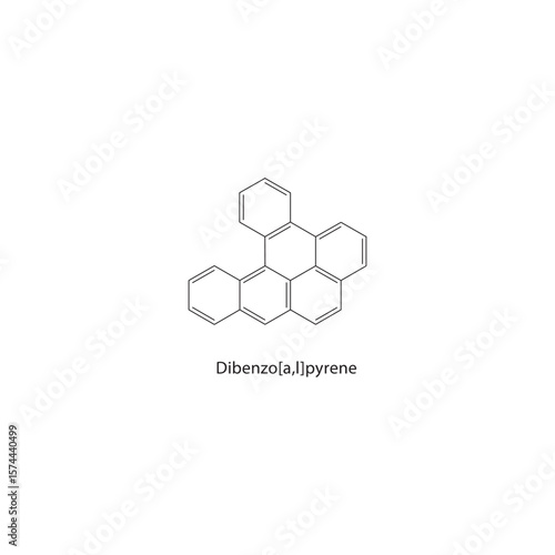 Dibenzo[a,l]pyrene skeletal structure. Polycyclic aromatic compound schematic illustration. Simple diagram, chemical formula.
