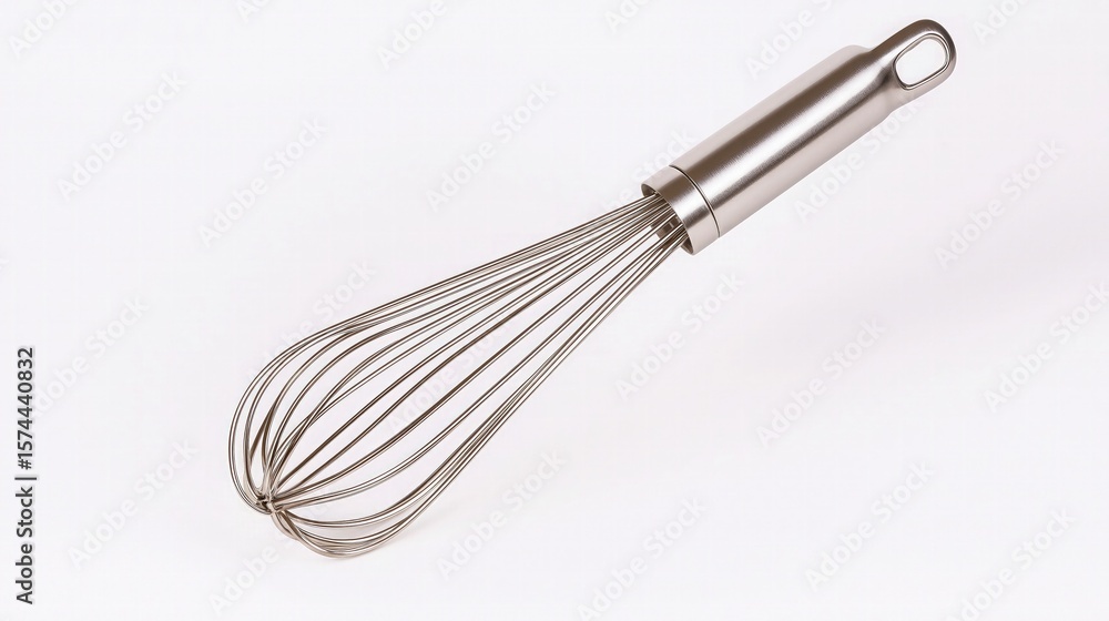 A sleek, ergonomic-handled stainless steel whisk set against a stark white backdrop. A sleek, ergonomic-handled stainless steel whisk set against a stark white backdrop.