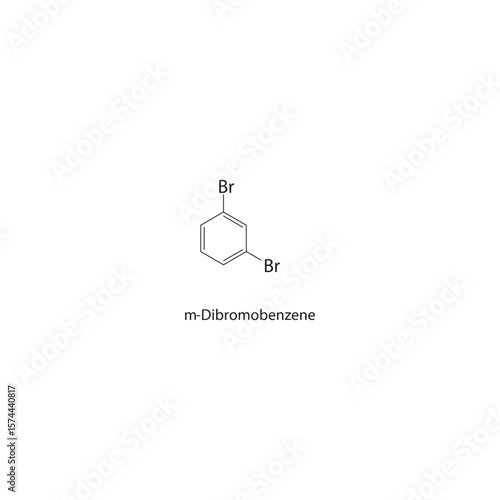 m-Dibromobenzene skeletal structure. Halogenated aromatic compound schematic illustration. Simple diagram, chemical formula.