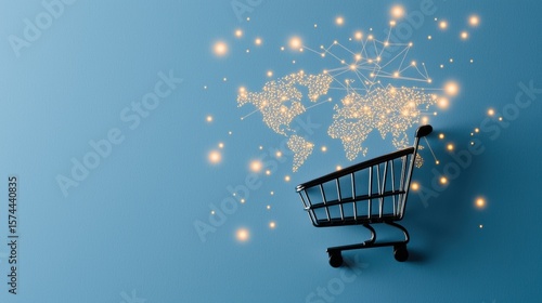 shopping cart network interface online shopping Shopping cart icon with a world map and network connections, representing international online shopping and global marketplace