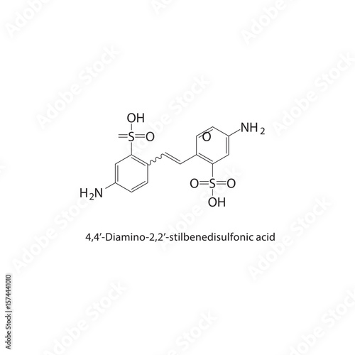 4,4’-Diamino-2,2’-stilbenedisulfonic acid skeletal structure. Sulfonic acid dye compound schematic illustration. Simple diagram, chemical formula.