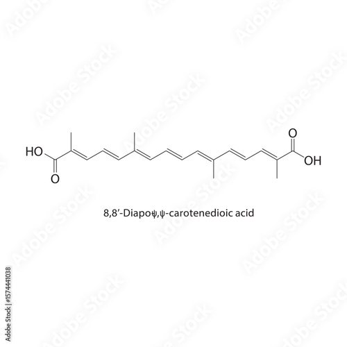 8,8’-Diapo-ψ,ψ-carotenedioic acid skeletal structure. Carotenoid derivative compound schematic illustration. Simple diagram, chemical formula.