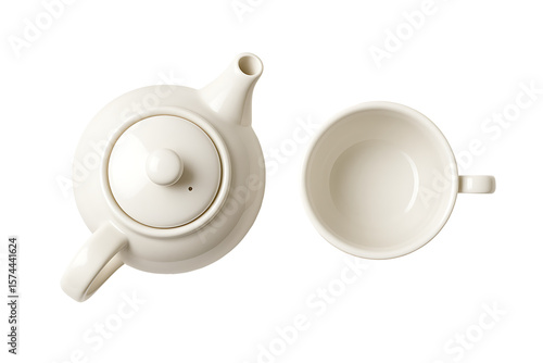 White ceramic teapot and teacup top view isolated on transparent background