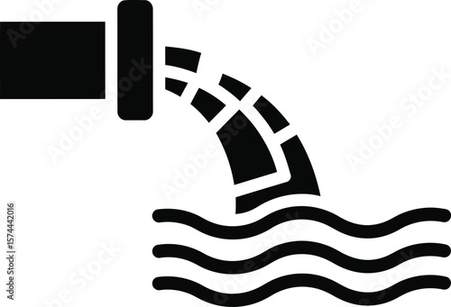 A dark gray pipe is discharging liquid into a body of water, illustrating pollution and environmental concerns