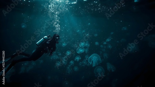 Diver Silhouetted Amidst a Swarm of Luminescent Jellyfish