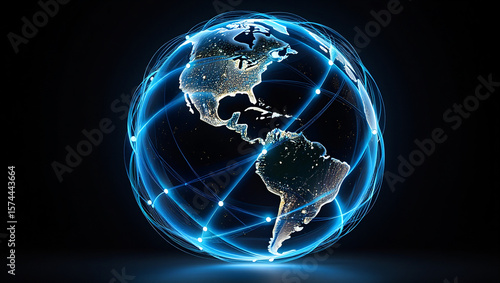 Glowing Earth Network With Blue Light Trails globe world