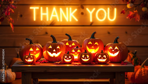 Glowing jack o lanterns arranged on wooden table with autumn leaves and neon sign