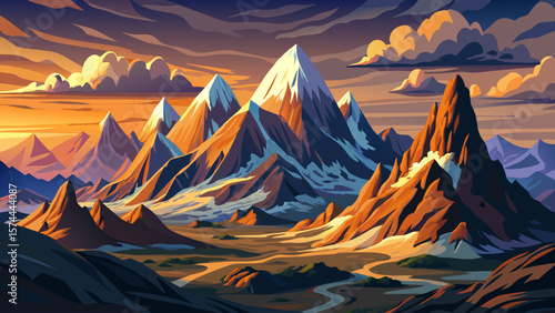 Mount Kenya, Kenya – Glacial peaks rise above rugged slopes dotted with moorland. Wisps of cloud drift, blending cold stone and warmth of sunrise.
