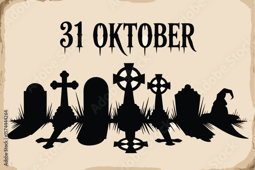 31 Oktober Halloween Graveyard with Tombstones, Crosses, and Witch Hat Silhouette Illustration