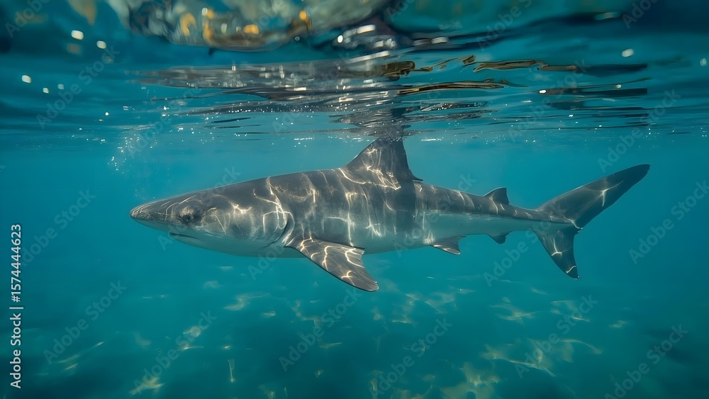 Fototapeta premium Underwater View of a Graceful Shark Swimming in Clear, Sunlit Ocean Waters