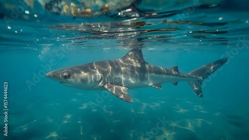 Underwater View of a Graceful Shark Swimming in Clear, Sunlit Ocean Waters