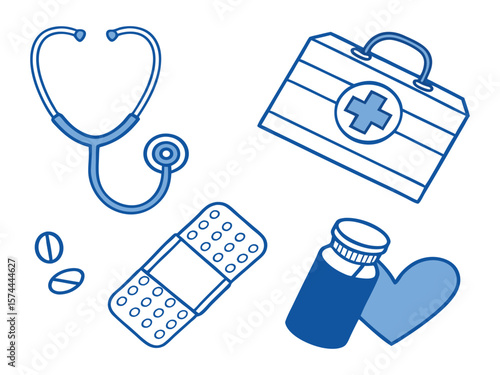 Healthcare Essentials Stethoscope, First Aid Kit, Bandages, and Medicine