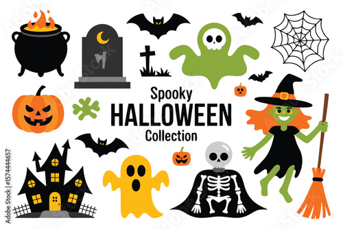 Colorful Halloween Illustration Featuring Witch, Ghosts, Bats, Pumpkin, Haunted House, and Other Elements