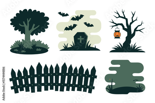 Halloween Clip Art Spooky Cemetery with Bats, Gravestone, Trees, Fence, Lantern, and Fog