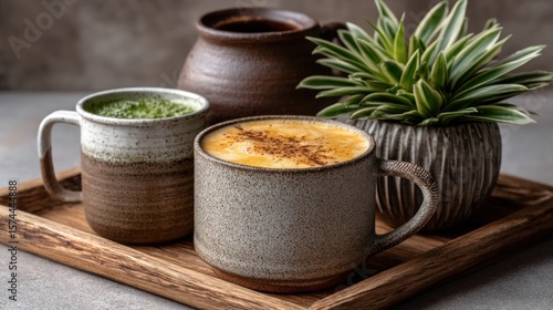 Turmeric & matcha lattes on tray, studio shot