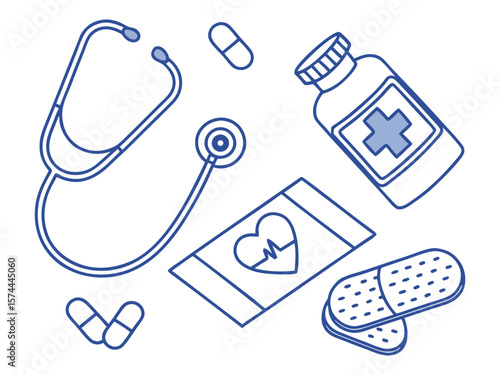 Healthcare Essentials Stethoscope, Pills, and Medical Supplies