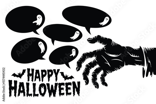 Happy Halloween with Ghosts in Speech Bubbles and Zombie Hand Illustration