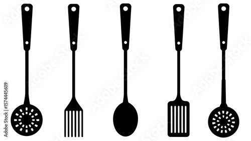 Kitchen utensil set black silhouette cooking tools slotted spoon spatula