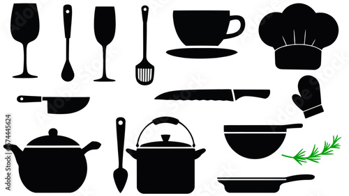 Kitchen utensils and cooking tools vector illustration black silhouette