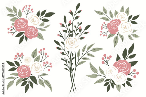 Elegant digital illustration of floral arrangements featuring various blooming flowers and greenery—ideal for wedding invites, decor, branding, and stationery.