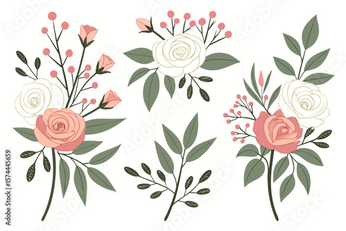 Elegant digital illustration of floral arrangements featuring various blooming flowers and greenery—ideal for wedding invites, decor, branding, and stationery.