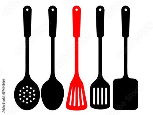 Kitchen utensils cooking tools set spatula slotted spoon turner black vector