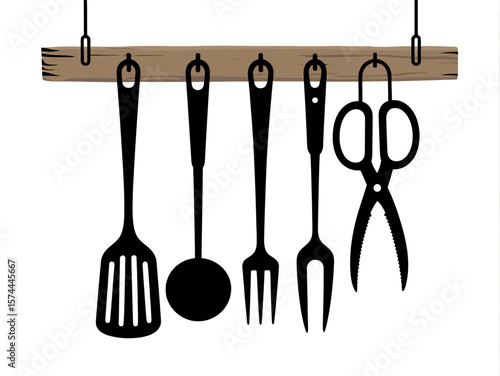 Hanging kitchen utensils vector silhouette