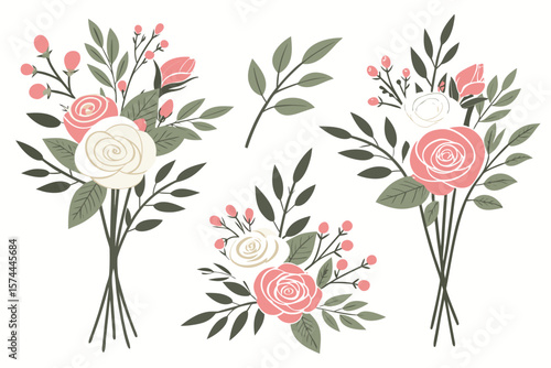 Elegant digital illustration of floral arrangements featuring various blooming flowers and greenery—ideal for wedding invites, decor, branding, and stationery.