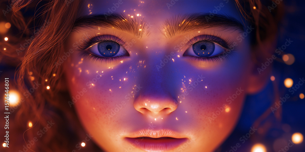 Close up portrait of a girl with sparkles on her face and blue eyes Close up portrait of a girl with sparkles on her face and blue eyes