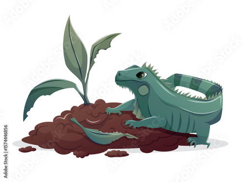 Cartoon isolated green iguana as a garden pest near a damaged plant with bitten leaves and a disturbed garden bed. Concept of reptile threat to backyard crops and natural pest control.
