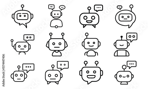 Collection of cute chatbot robot illustrations featuring speech bubbles in a modern outline style