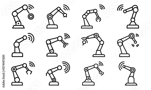 Collection of industrial robotic arms with wireless signals representing automation and technology