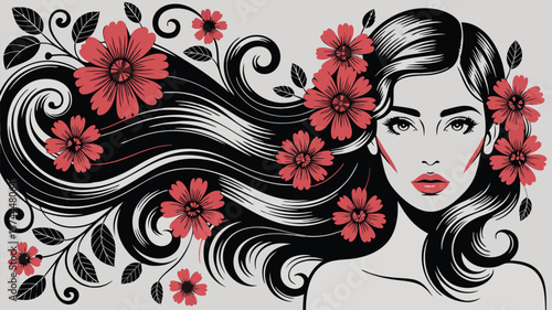 Beautiful Woman with Wavy Black Hair Adorned with Red Flowers and Leaves Illustration