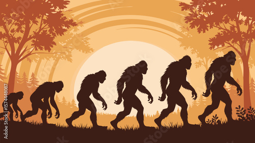 Bigfoot Evolution Silhouette Sasquatch Walking Progression in Forest, Cryptid Illustration on Tan Background