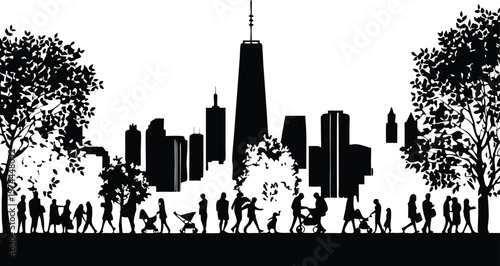 Black and White Silhouette of a Cityscape with People Walking and Trees Along the Sidewalk