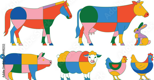 Colorful Farm Animals Illustration Horse, Cow, Rabbit, Pig, Sheep, and Chicken on White Background