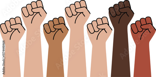 Diverse Raised Fists Illustration Symbol of Unity, Protest, Equality, and Racial Justice on White Background