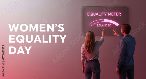 Man and woman interact with an equality meter on women s equality day symbolizing progress towards gender balance