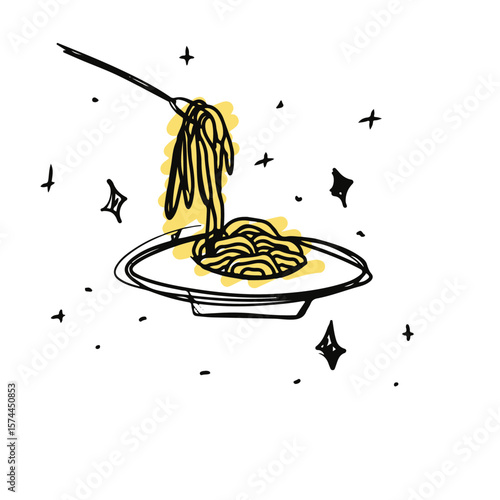 Spaghetti doodle. Cute and adorable spaghetti icon doodle. Suitable for a business logo. Colorful food doodle. Fork picking up spaghetti.
