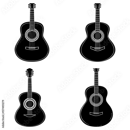 Four acoustic guitars in black and white showcasing different designs and body shapes on a white background