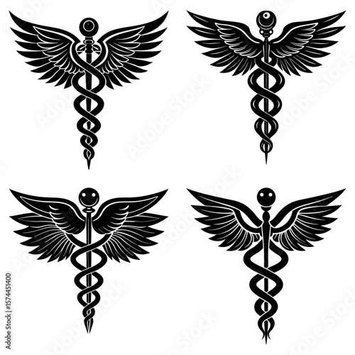 Four caduceus symbols with wings and snakes in black and white medical emblem variations illustration