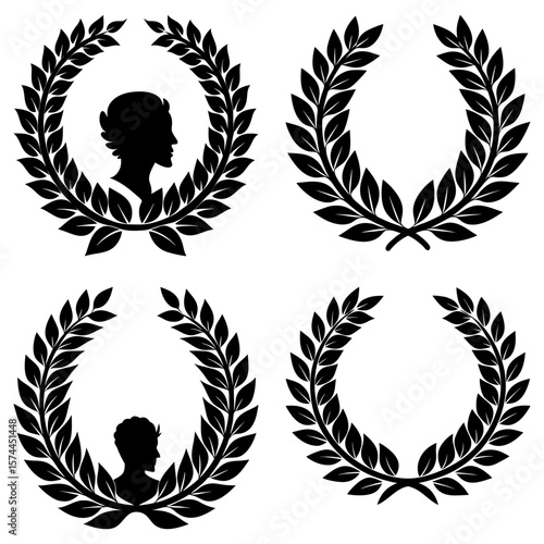 Four laurel wreaths with two containing silhouette profiles of heads in a black and white design