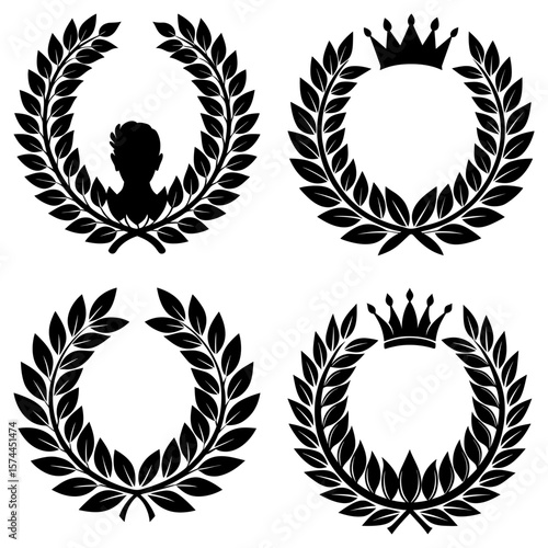 Four laurel wreaths with a silhouette of a person and crowns in a black and white vector image