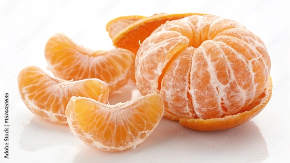 A peeled mandarin orange with segments is displayed isolated on a white background A peeled mandarin orange with segments is displayed isolated on a white background