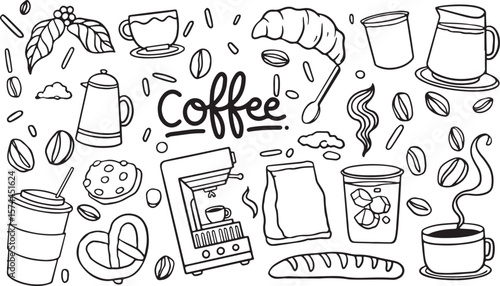 Coffee Shop Doodle Vector – Coffee Cup, Mug, Beans, Café, Espresso, Tea, Brewing, Barista, Steam, Hot Drink, Relax, Morning, Beverage, Roasted, Cozy