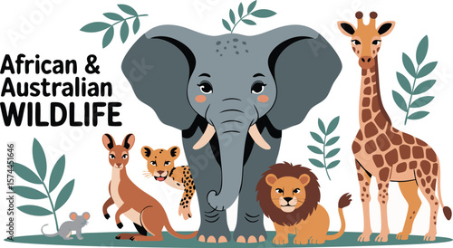 Cartoon African and Australian Wildlife Elephant, Giraffe, Kangaroo, Lion, Cheetah, and Mouse