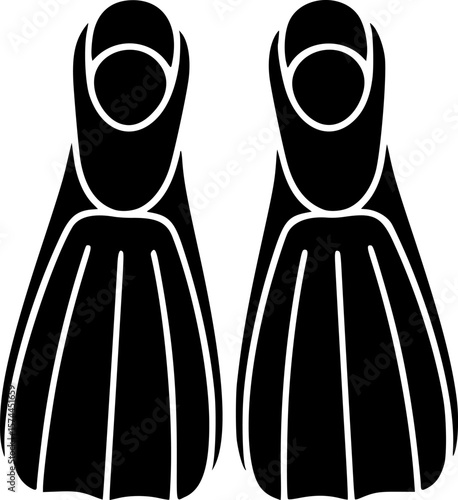 Bold silhouette of twin scuba diving fins in minimal black and white for aquatic gear icons and marine-themed branding

